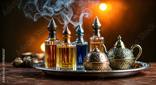 Assortment of Perfumes on Silver Tray with Incense Smoke
