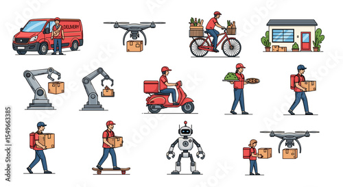 Illustration showing various delivery methods including drone robot and bicycle delivery services 100