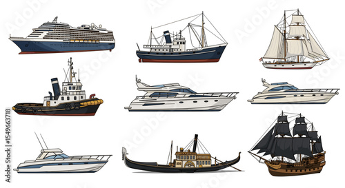 Illustration of various types of boats including sailboats yachts and cruise ships on a white background