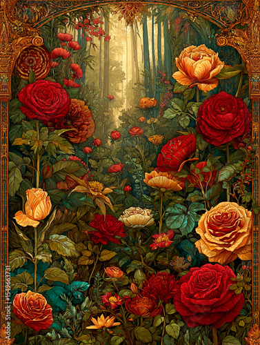 Ornate Frame Botanical Illustration of Roses and Flowers