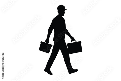 Construction worker carrying toolbox silhouette vector illustration for building and labor concept