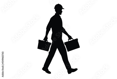 Construction worker carrying toolbox silhouette vector illustration for building and labor concept