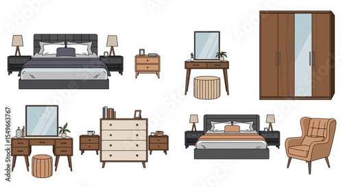 Illustration showing bedroom furniture including beds dressers and wardrobes in various arrangements