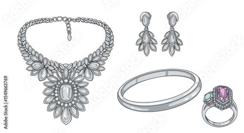 Illustration of a jewelry set featuring a necklace earrings and two rings on a white background