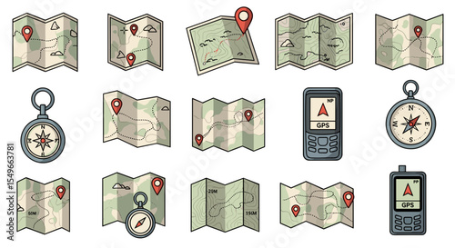 Illustration showing various navigation tools including maps compasses and gps devices for outdoor adventures