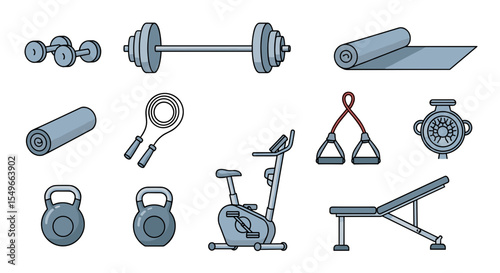 Illustration of diverse fitness equipment including weights and exercise machines displayed together
