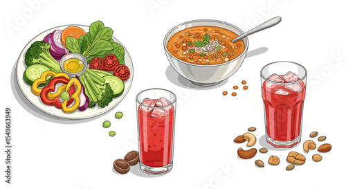 Illustration showing a salad plate with vegetables, soup, and two glasses of red juice with ice