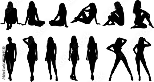 Set of sexy and sensual women posing silhouette vector.
