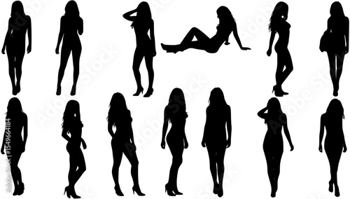 Set of sexy and sensual women posing silhouette vector.
