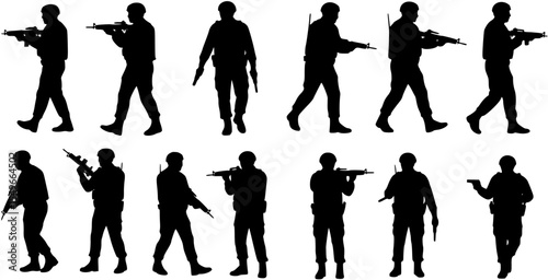 vector silhouette of a group of military police officers with weapons on a white background .Generative AI
