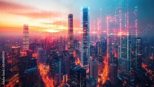 Aerial view of a modern city at dawn, with digital overlay