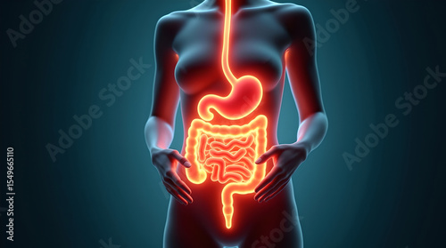 Glowing Digestive System Anatomy Illustration on Human Body, Healthcare Visualization, Medical Concept, Glowing Organ Display Vector Illustration