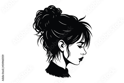 Messy hair bun girl silhouette vector icon flat design illustration for fashion and hairstyle