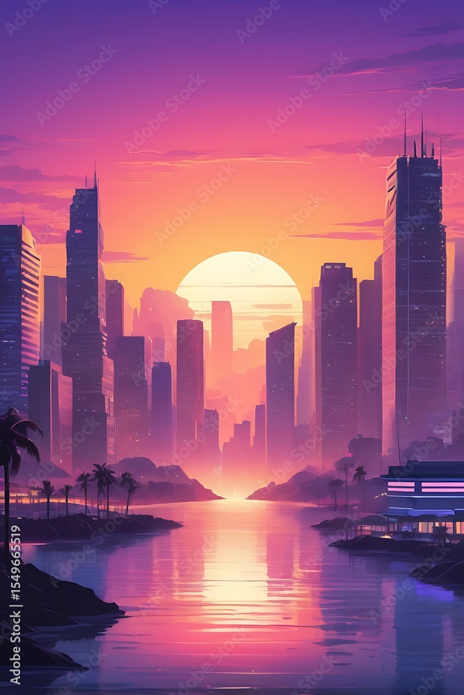 Fototapeta premium A skyline vaporwave city sunset beach background