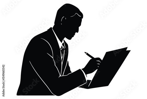 Person signing legal paper silhouette vector elements, a man signing paper flat design.