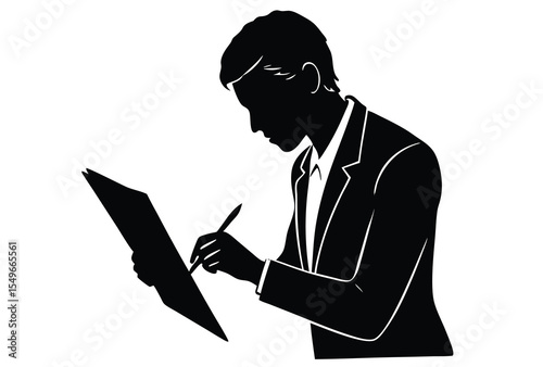 Person signing legal paper silhouette vector elements, a man signing paper flat design.