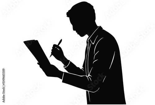 Person signing legal paper silhouette vector elements, a man signing paper flat design.