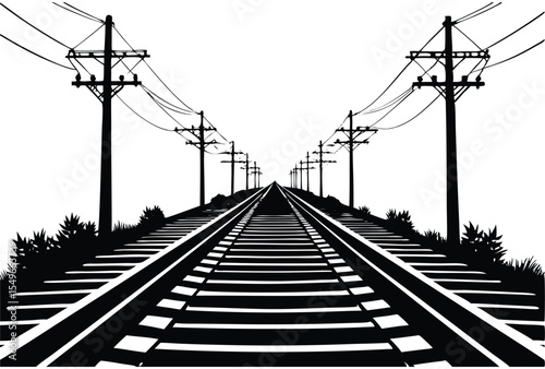 Electric Poles and Railway Tracks Silhouette Vector Elements Icon Flat Design Illustration.