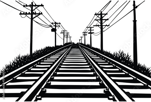 Electric Poles and Railway Tracks Silhouette Vector Elements Icon Flat Design Illustration.