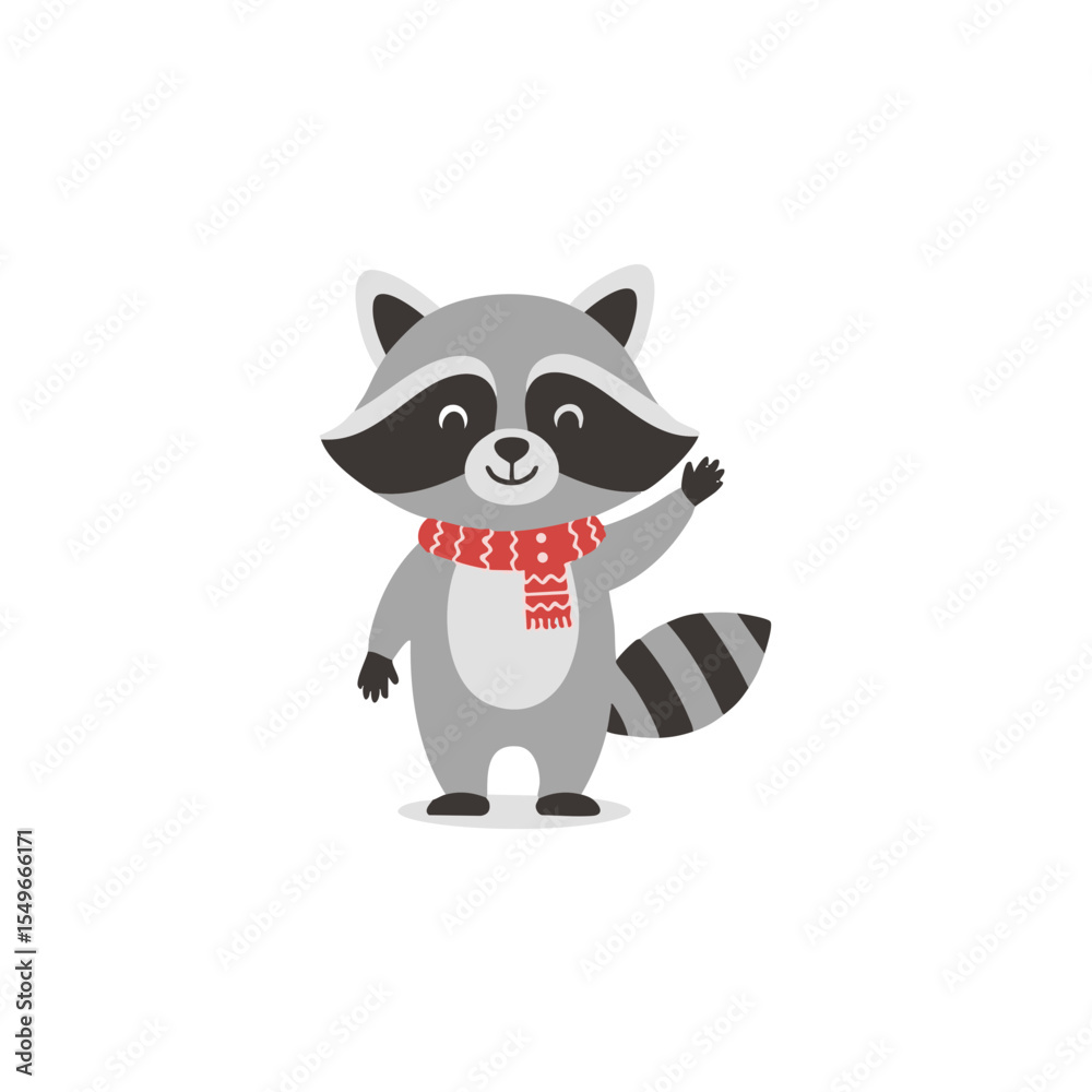 Naklejka premium Joyful Raccoon Standing and Waving, Flat Cartoon Icon