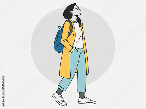 Flat vector illustration of woman in oversized cardigan with backpack and casual expression