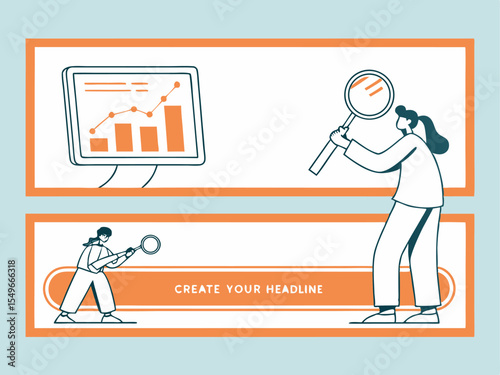 Modern minimalistic banners showing users exploring data and editing headline content prompts