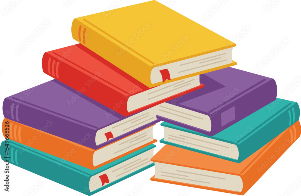 Colorful stack of books isolated on white background, vector illustration of hardcover textbooks, educational literature pile, library learning resources for students and readers