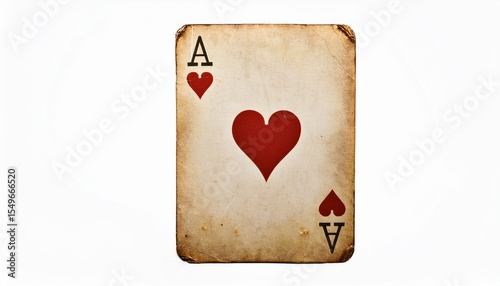 ace of hearts card with vintage appearance and worn edges on a white background