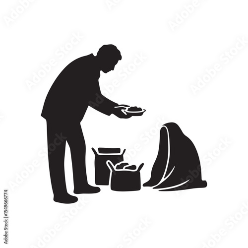 Silhouette of Person Offering Food to Homeless – Charity and Kindness Concept in Black and White Vector Style