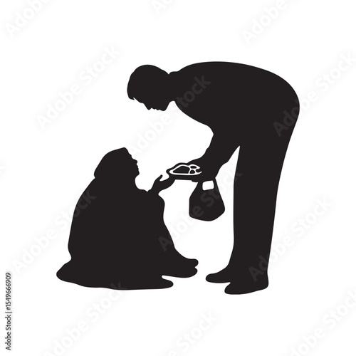 Silhouette of Person Offering Food to Homeless – Charity and Kindness Concept in Black and White Vector Style