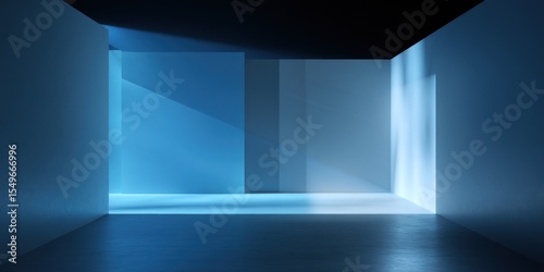 A minimalist interior with blue lighting illuminating the walls and floor creating a serene atmosphere
