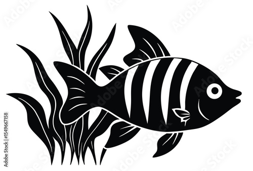 Striped tropical fish silhouette vector elements, swimming fish flat design illustration.