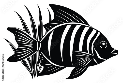 Striped tropical fish silhouette vector elements, swimming fish flat design illustration.