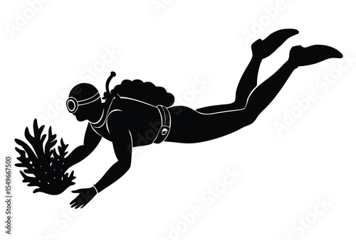 Scuba diving underwater silhouette vector elements, scuba diving flat design illustration.