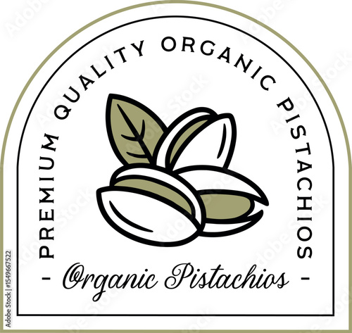 Organic pistachios premium quality aesthetic logo badge label sticker rectangle with semicircle frame. Natural roasted pistachio nut flavor retro minimal fancy boho illustration text design clipart.