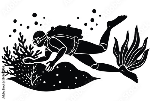 Scuba diving underwater silhouette vector elements, scuba diving flat design illustration.