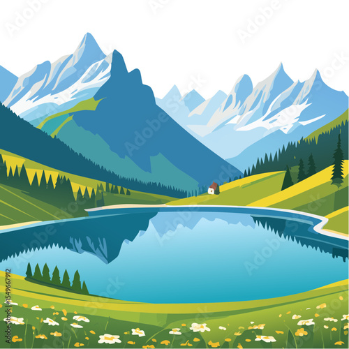 Serene Mountain Lake Landscape with Wildflowers and a Quaint Cabin
