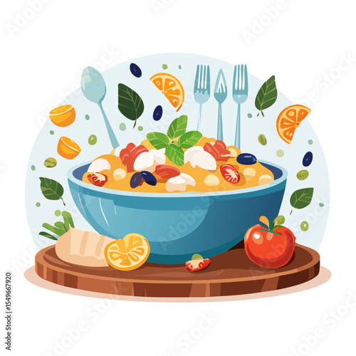 Colorful Bowl of Food with Fruits and Vegetables Illustration