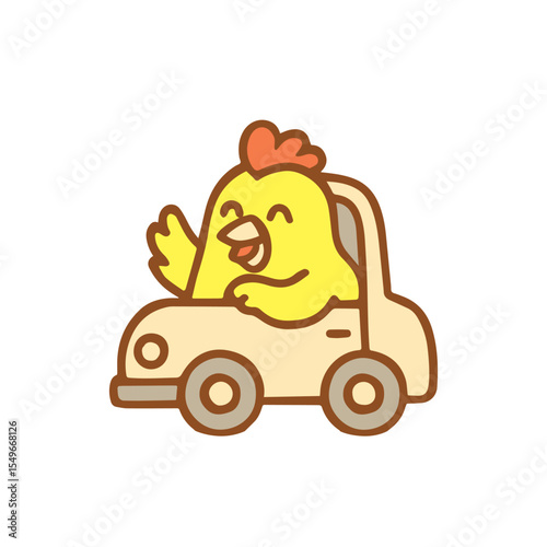 Happy Cartoon Chicken Driving a Car