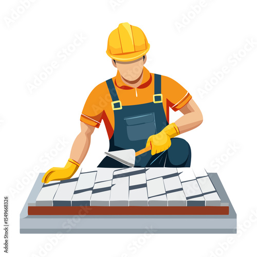 Tiler laying tiles on a floor in a vector illustration.