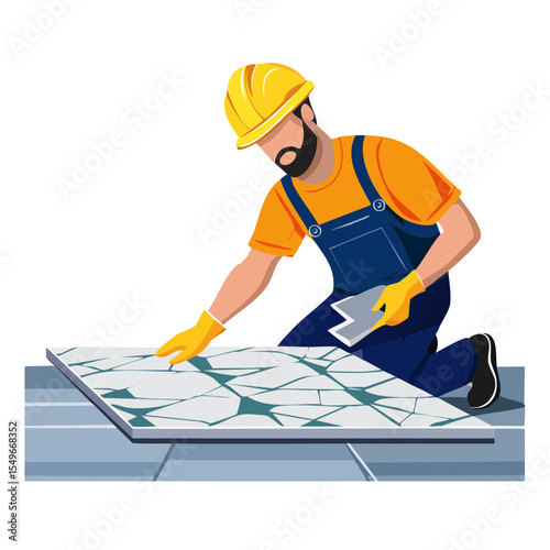 Tile Installer Laying Cracked Tile Pattern Floor with Trowel