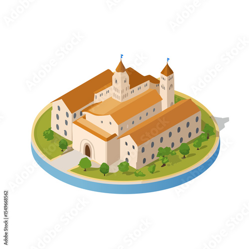 Isometric Vector Illustration of a Medieval Monastery Complex on a small island