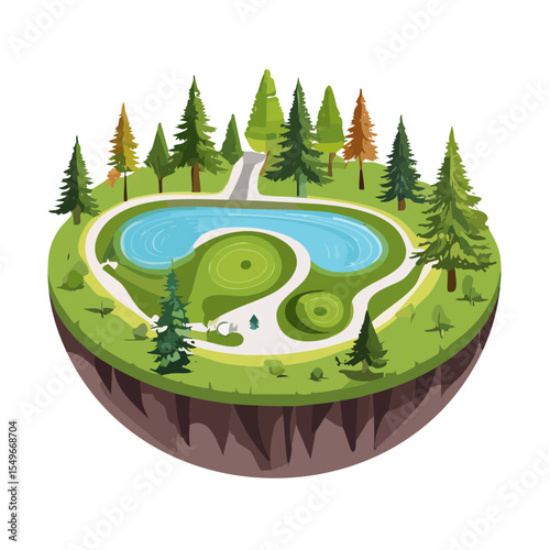 Isometric floating island with lake and forest landscape