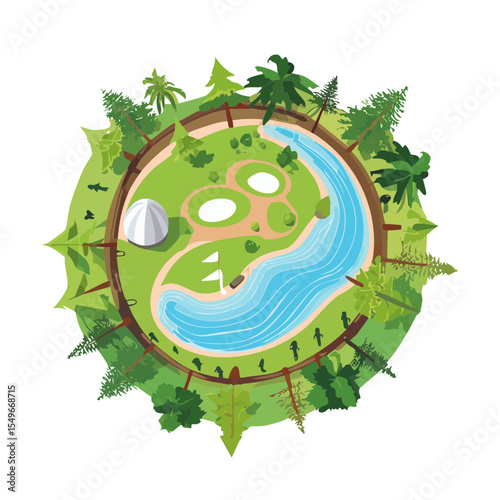 Aerial View of a Golf Course with River and Trees Vector Image