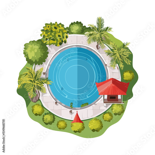 Top-Down View of a Tropical Pool Landscape with Gazebo