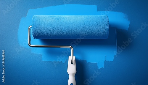 painting a bright blue wall with a roller