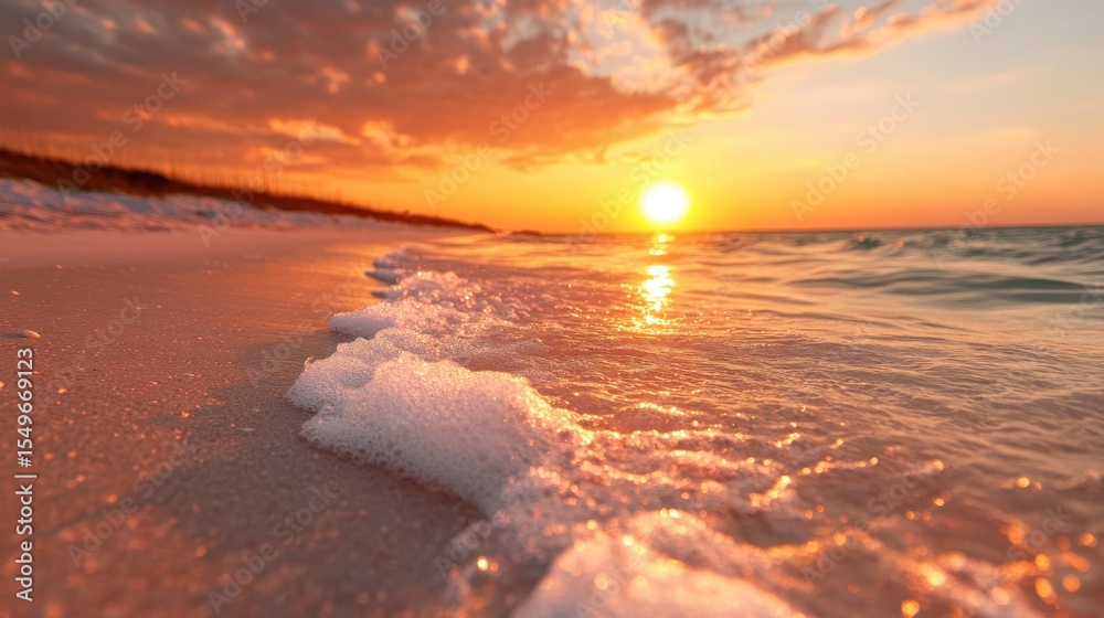 Fototapeta premium A breathtaking view of a sunset casting golden light over gentle ocean waves, creating a peaceful atmosphere that evokes feelings of tranquility and harmony with nature.