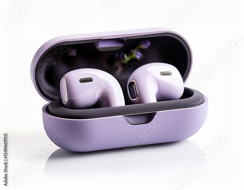 modern wireless earbud case with earbuds inside soft lavender isolated on white background