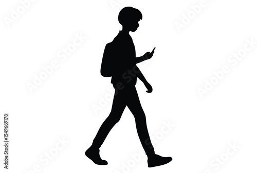 Silhouette of young boy listening to music on phone walking with headphones vector flat icon illustration.