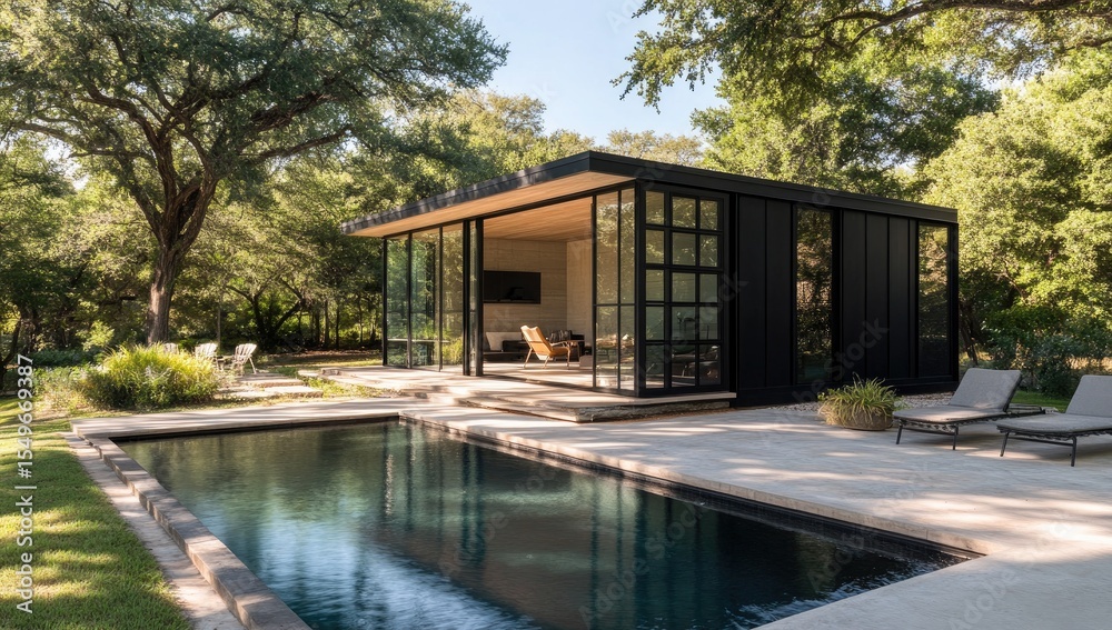 Fototapeta premium Modern black-clad pavilion beside pool. Lush landscaping